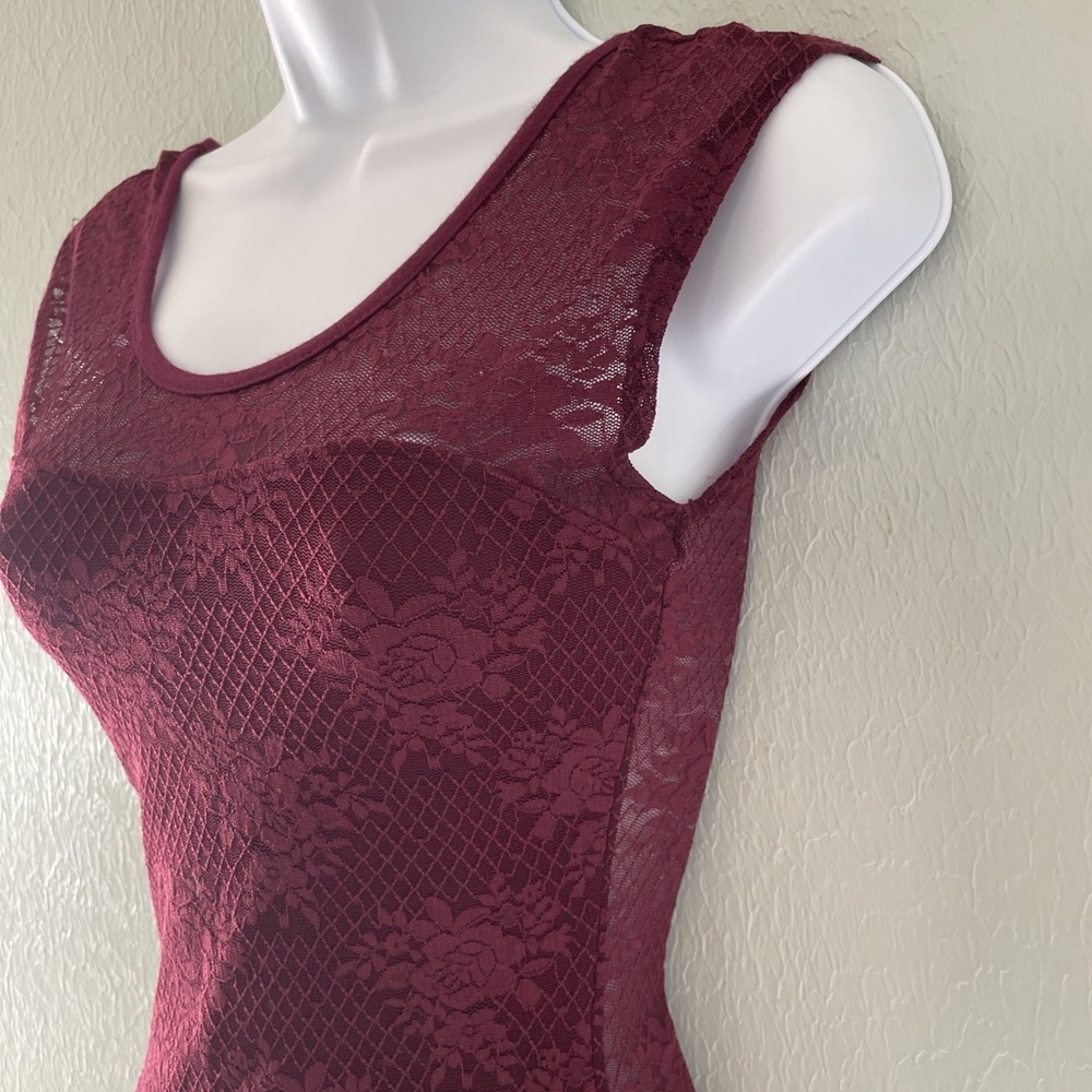 Vintage Y2K Mesh Lace Floral Burgandy Red Fitted Top Long Sheer Vamp Goth Small - Picture 7 of 9